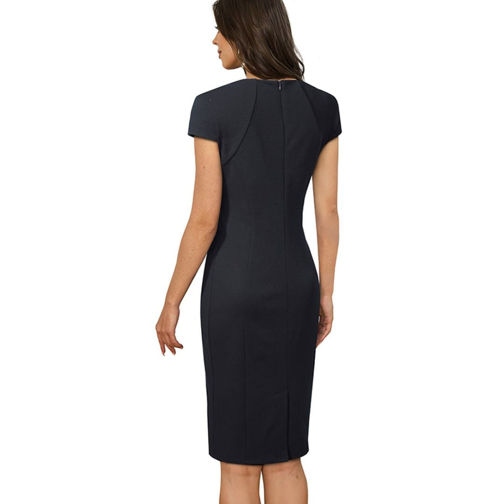 Female in a fitted square neck pencil dress with short sleeves on a clean background, back angle