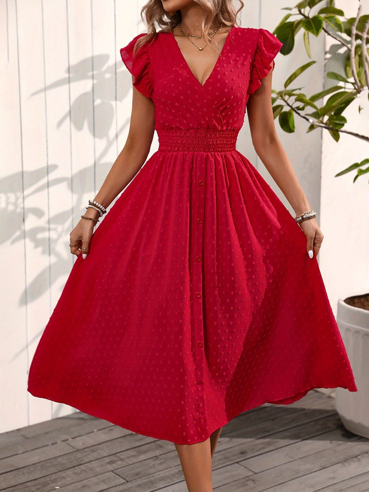 Female showcasing a stylish V-neck midi dress with dotted pattern and soft ruffle sleeves.