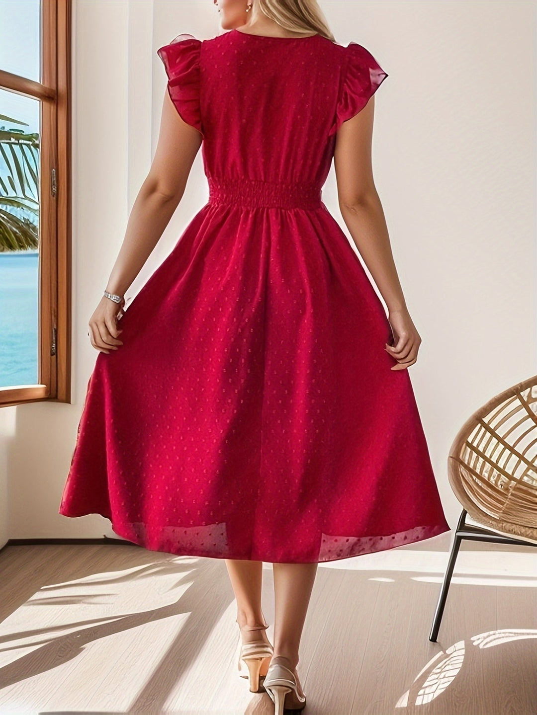 Model in an elegant women’s midi dress with ruffle sleeves and smocked waist outdoors.