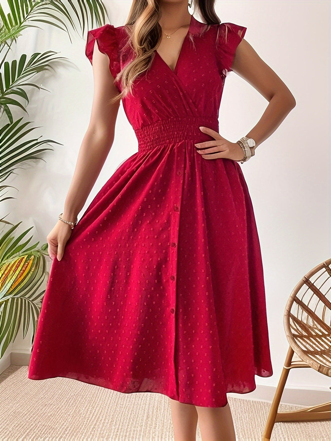 Woman in a dotted V-neck midi dress with ruffle sleeves standing in a natural outdoor setting.