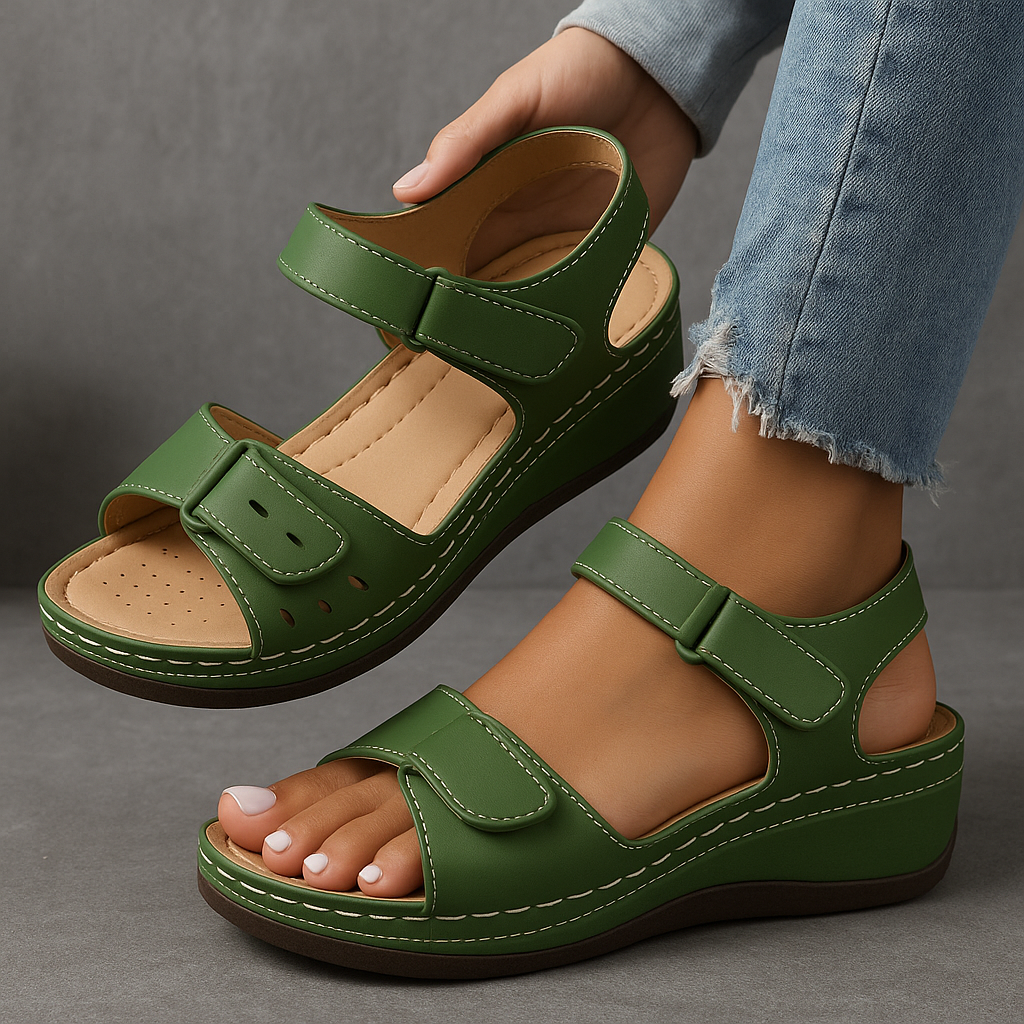 Foot wearing orthopedic wedge sandal on a plain background.