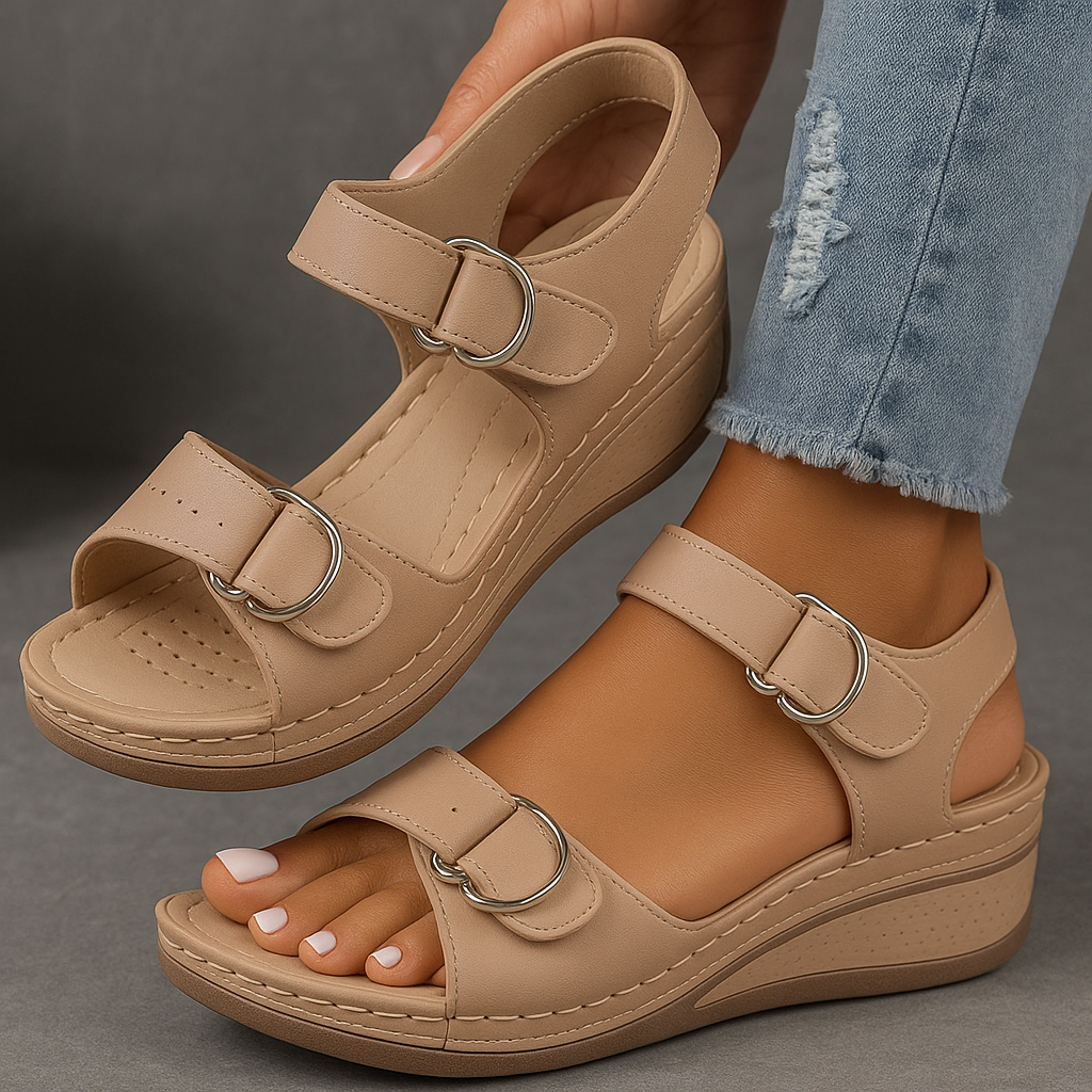 Close-up of breathable women’s sandal shown on foot.