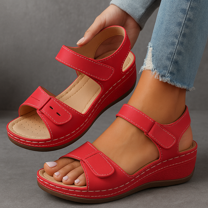 Supportive women’s sandal shown on foot on clean background.