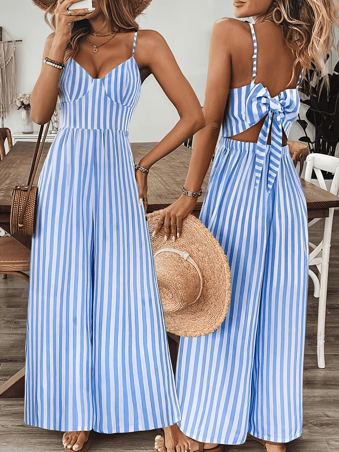 Eloise | Women's Wide-Leg Elegant striped wide jumpsuit with V Ausschnitt and Schleife hinten — 3