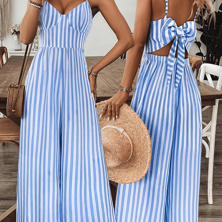 Eloise | Women's Wide-Leg Elegant striped wide jumpsuit with V Ausschnitt and Schleife hinten — S