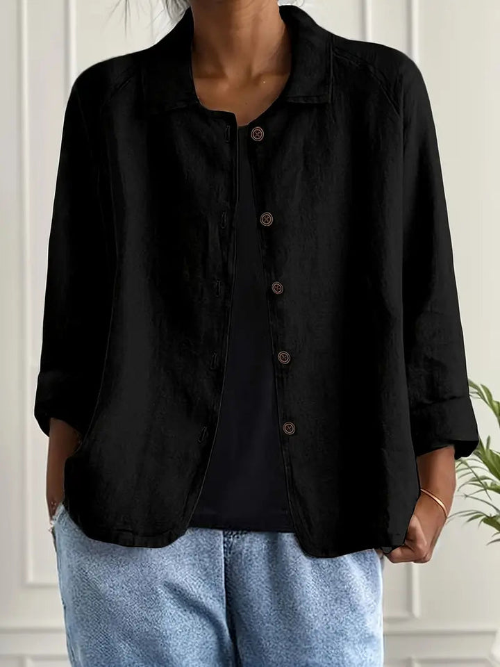 Elostine | Women's Knit Cozy Lightweight Cotton Linen Shirt Cardigan Sweaters — Black