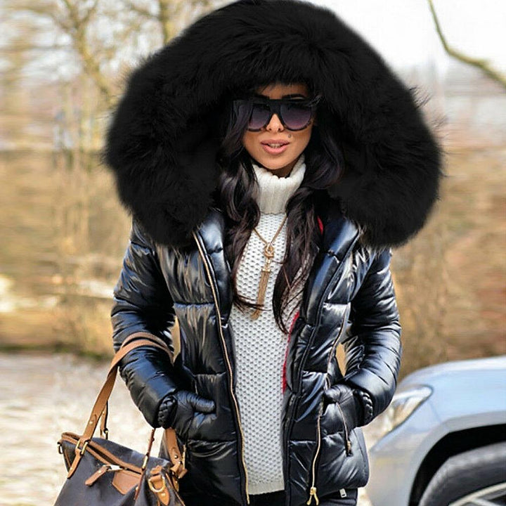 Elowara | Women's Hooded puff Coat – Faux Fur Trim Insulated Jacket — Black - Black hood