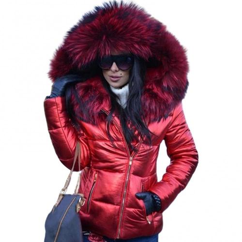 Elowara | Women's Hooded puff Coat – Faux Fur Trim Insulated Jacket — Red
