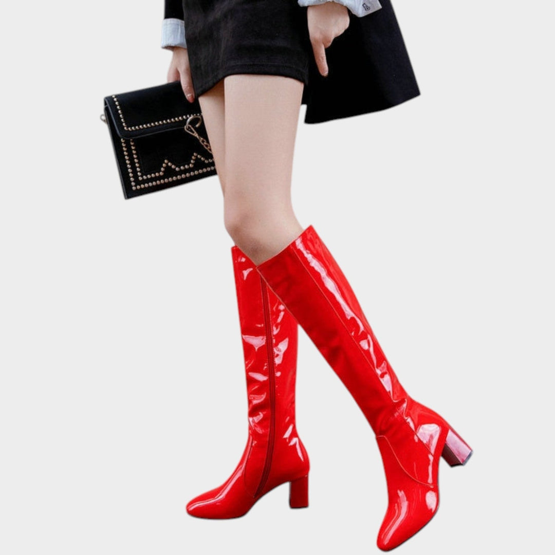 Elowisse | Women's Leather Knee High Boots Party Patent Block Heel — Red