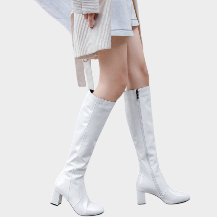 Elowisse | Women's Leather Knee High Boots Party Patent Block Heel — White