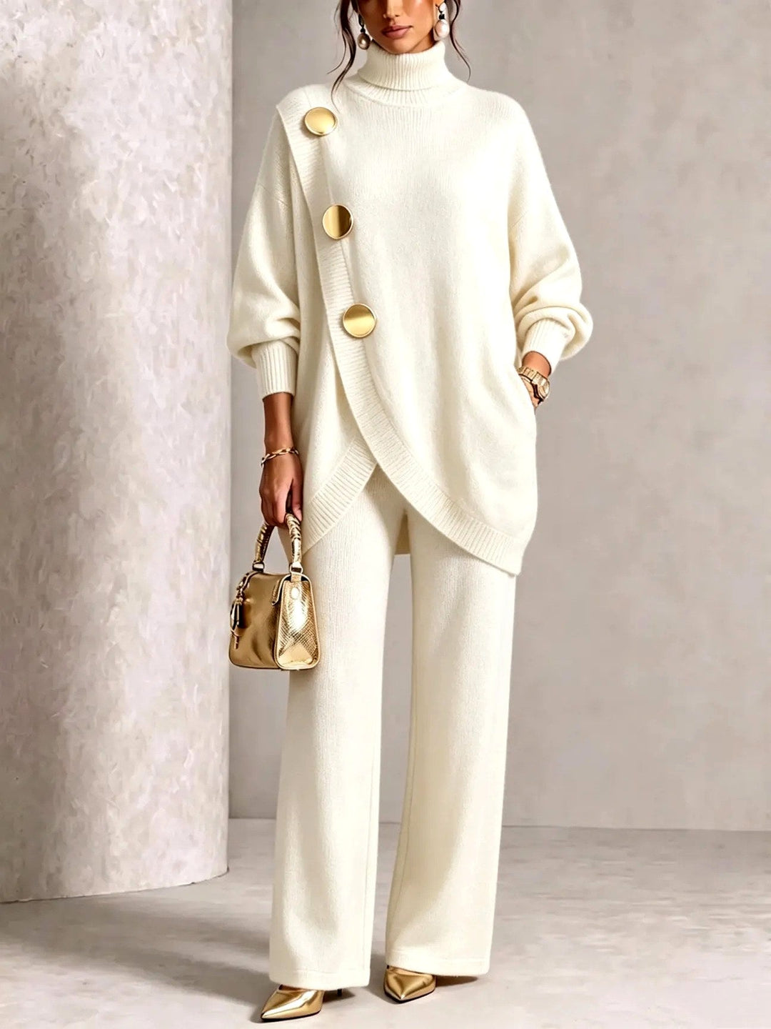 Elowola | Women's Cozy Turtleneck Sweater and Wide Leg Pants Set — Beige