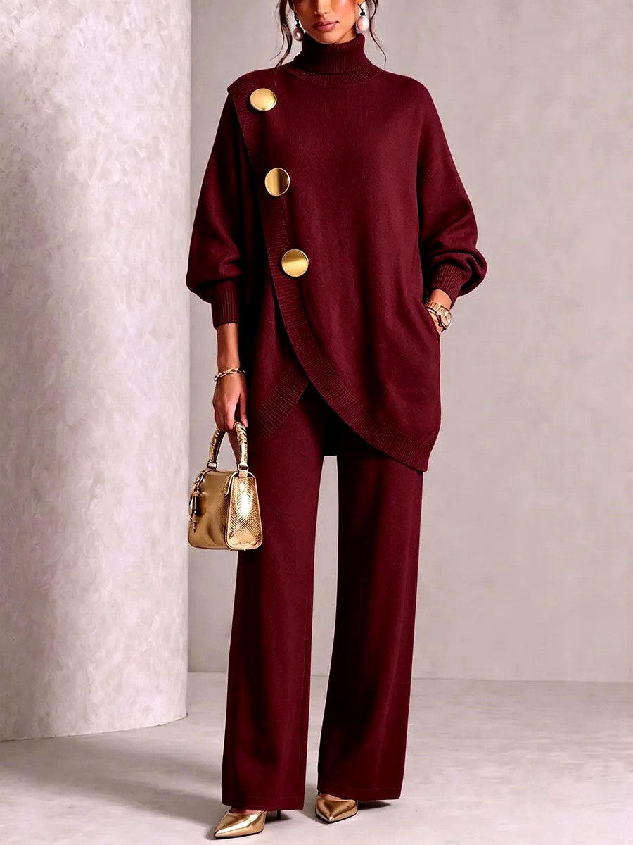 Elowola | Women's Cozy Turtleneck Sweater and Wide Leg Pants Set — 1