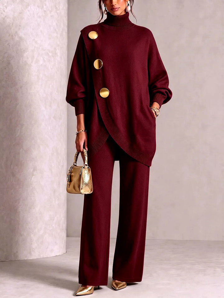Elowola | Women's Cozy Turtleneck Sweater and Wide Leg Pants Set — 1