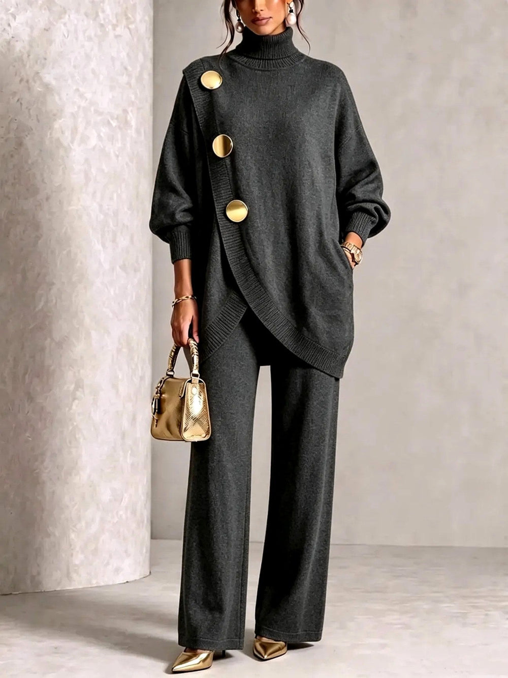 Elowola | Women's Cozy Turtleneck Sweater and Wide Leg Pants Set — 2