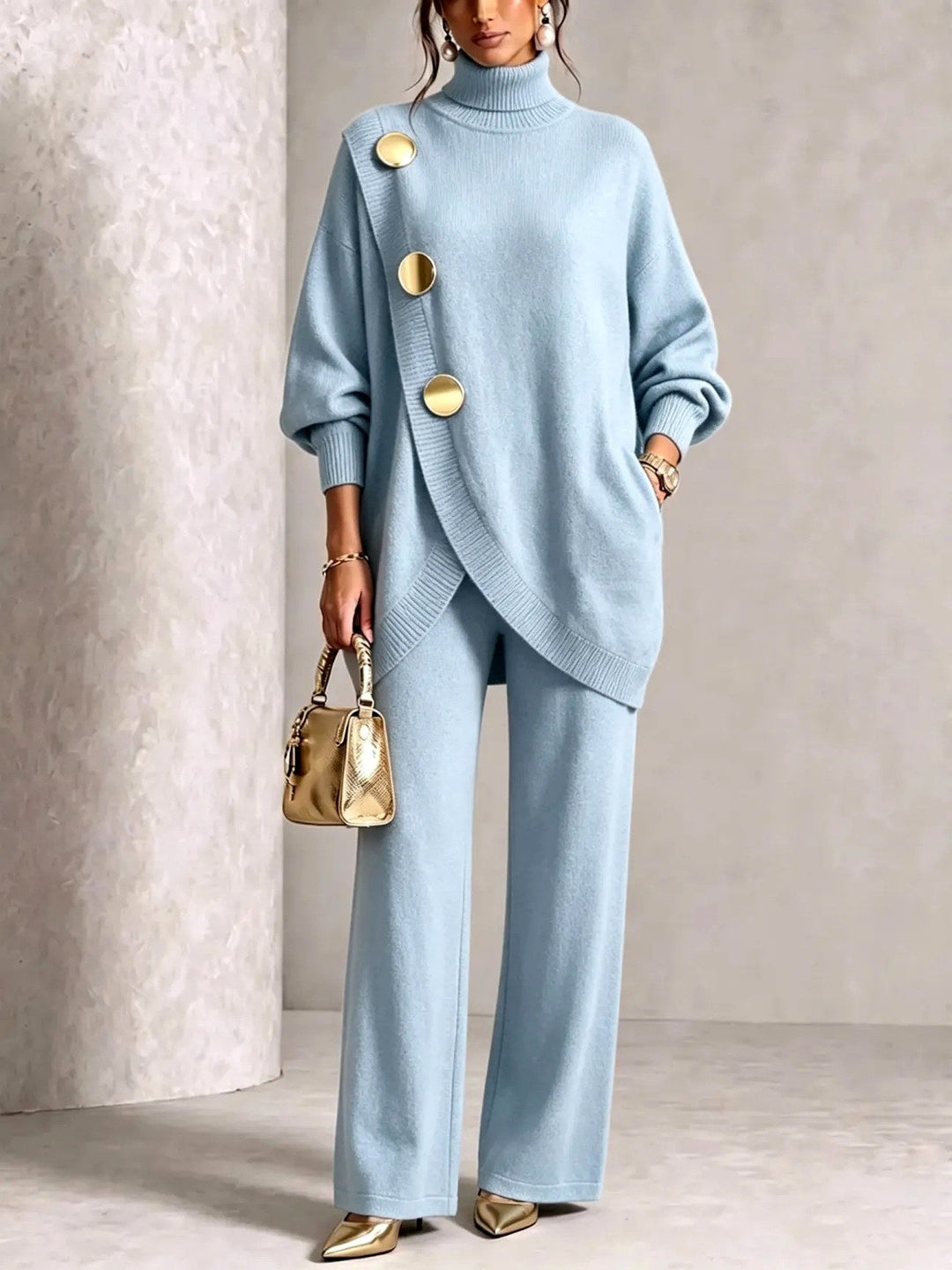 Elowola | Women's Cozy Turtleneck Sweater and Wide Leg Pants Set — Light Blue