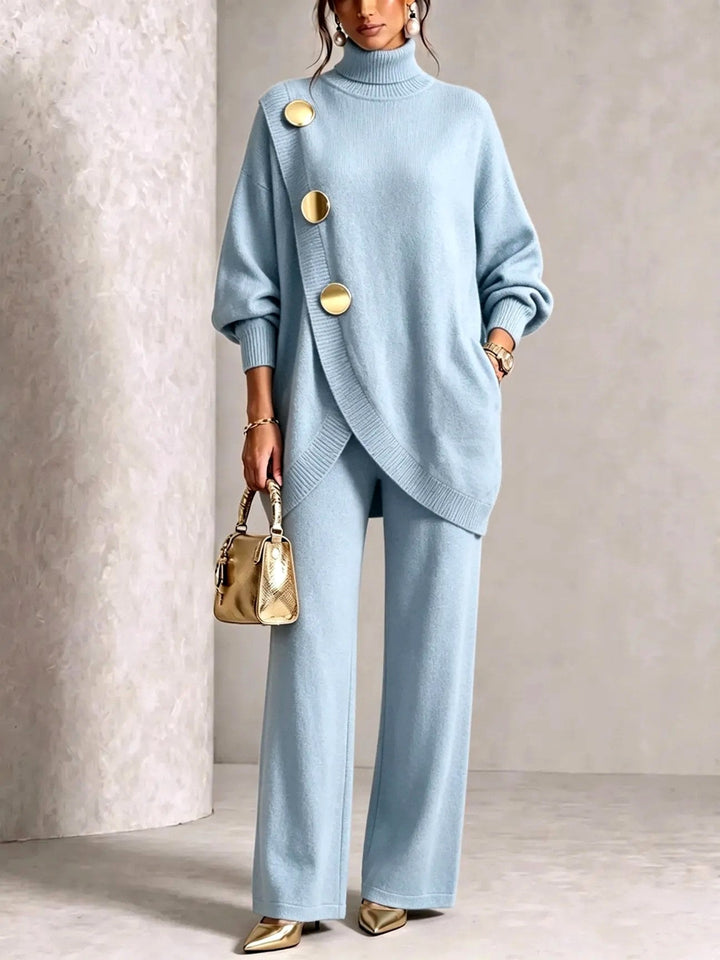 Elowola | Women's Cozy Turtleneck Sweater and Wide Leg Pants Set — Light Blue