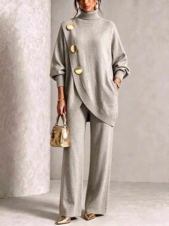Elowola | Women's Cozy Turtleneck Sweater and Wide Leg Pants Set — Light Gray