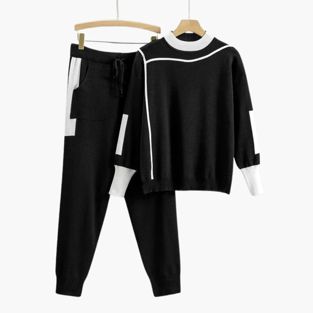 Elowolde | Women's Cozy Crew Neck Colorblock Sweater Set — Black