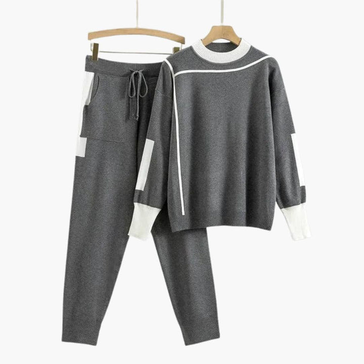 Elowolde | Women's Cozy Crew Neck Colorblock Sweater Set — Gray