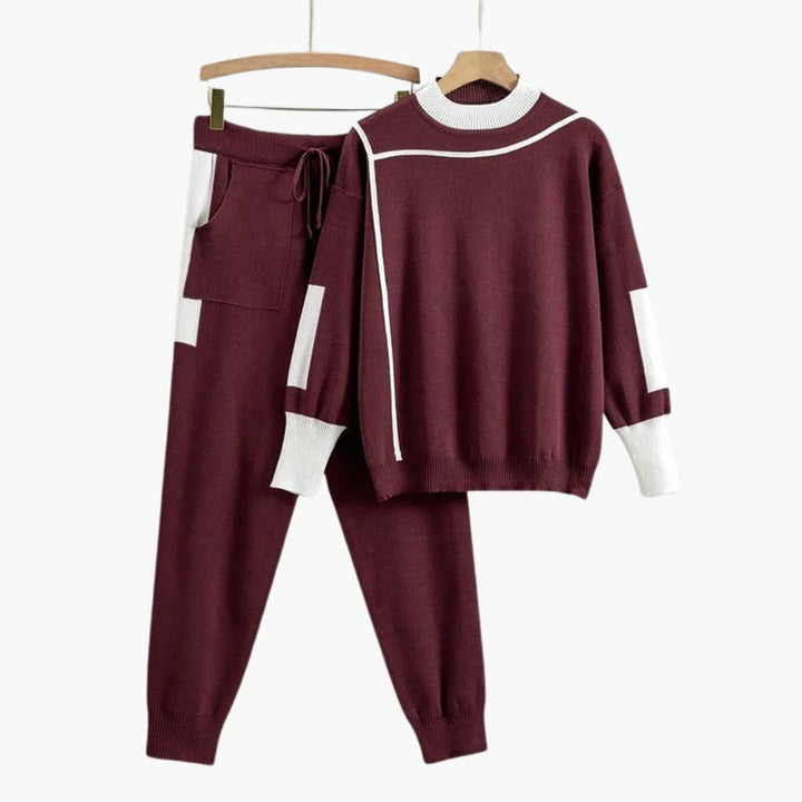 Elowolde | Women's Cozy Crew Neck Colorblock Sweater Set — Red
