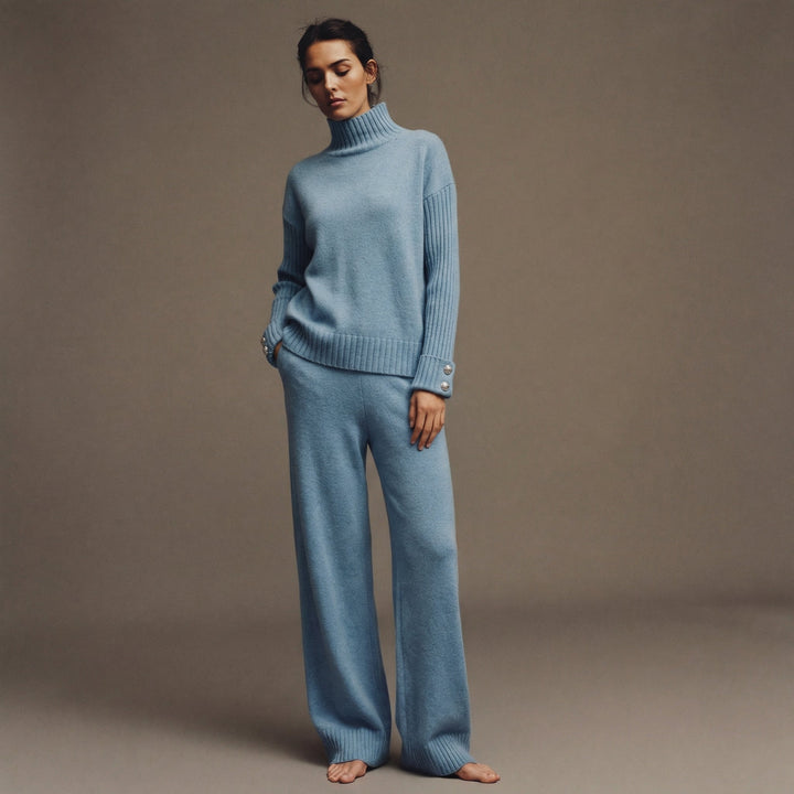 Elowsia | Women's Cozy Knit Lounge Set – Turtleneck & Wide-Leg Trousers — Blue