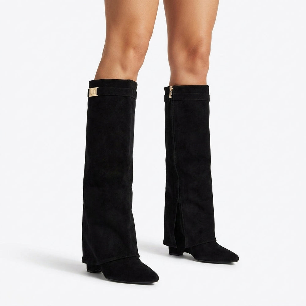 Emmeleth | Women's Fold Over Knee High Boots — Black
