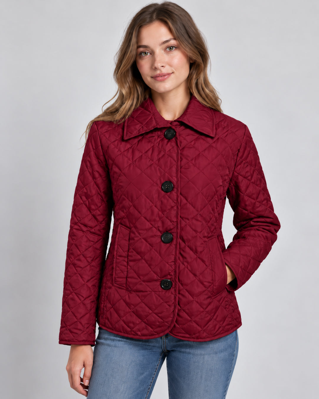 Emmelissa | Women's Quilted Button-Up Jacket Lightweight Transitional Wear — Dark Red
