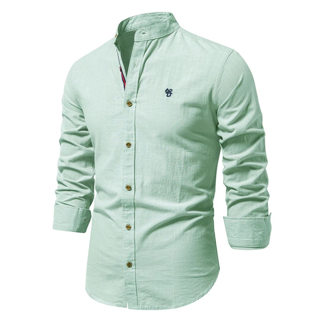 A versatile casual shirt with a streamlined neckline against a plain background.