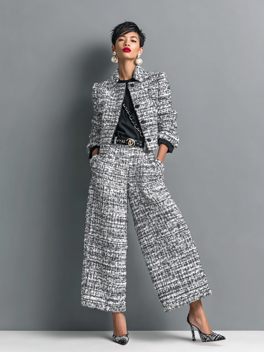 Female model styled in a refined long-sleeved jacket and matching trousers on a plain background.