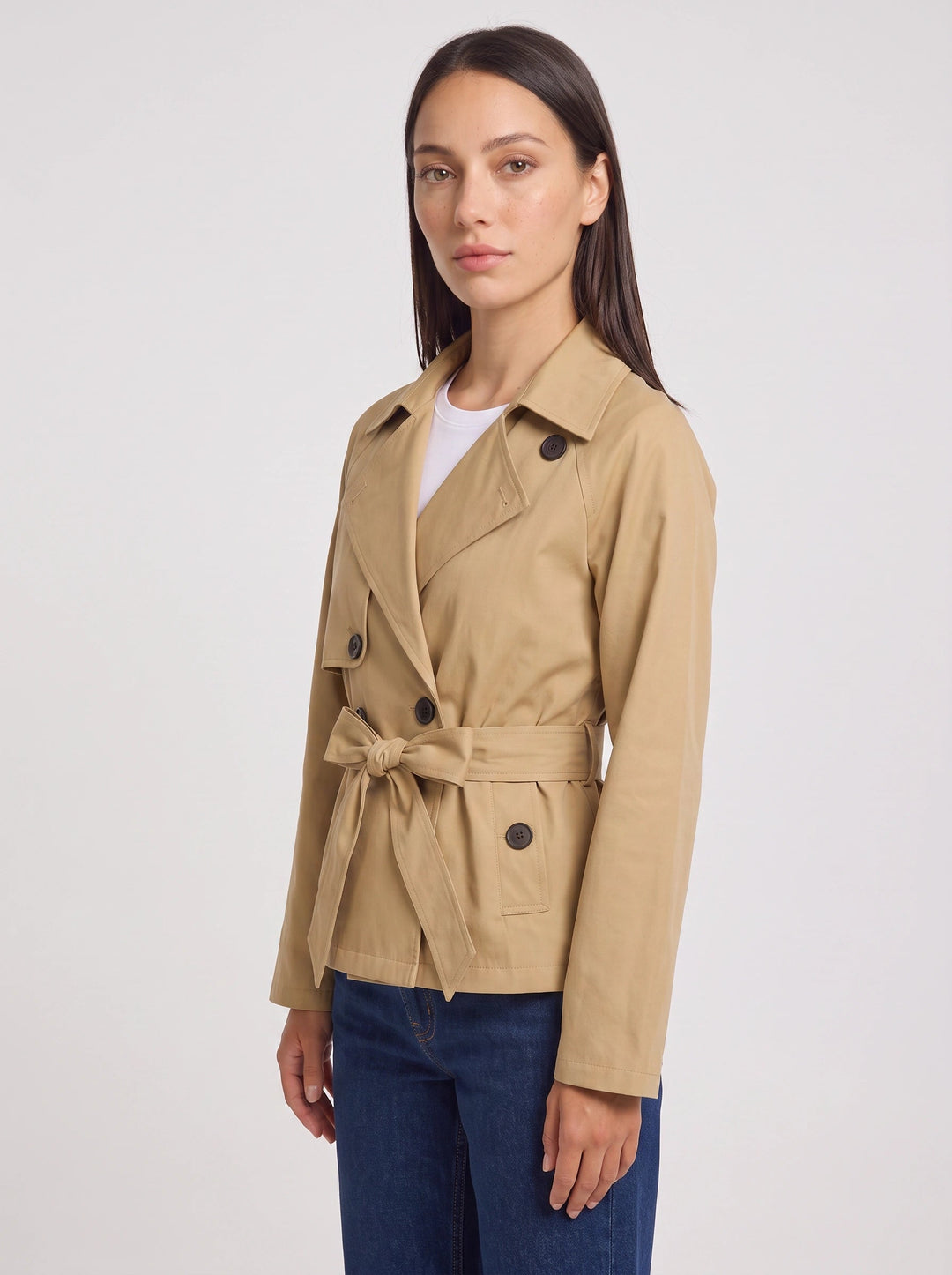 Esmeetta | Women's Cropped Belted Trench Jacket – Double Breasted Tie Waist Coat Smart Casual Work Outerwear — Beige