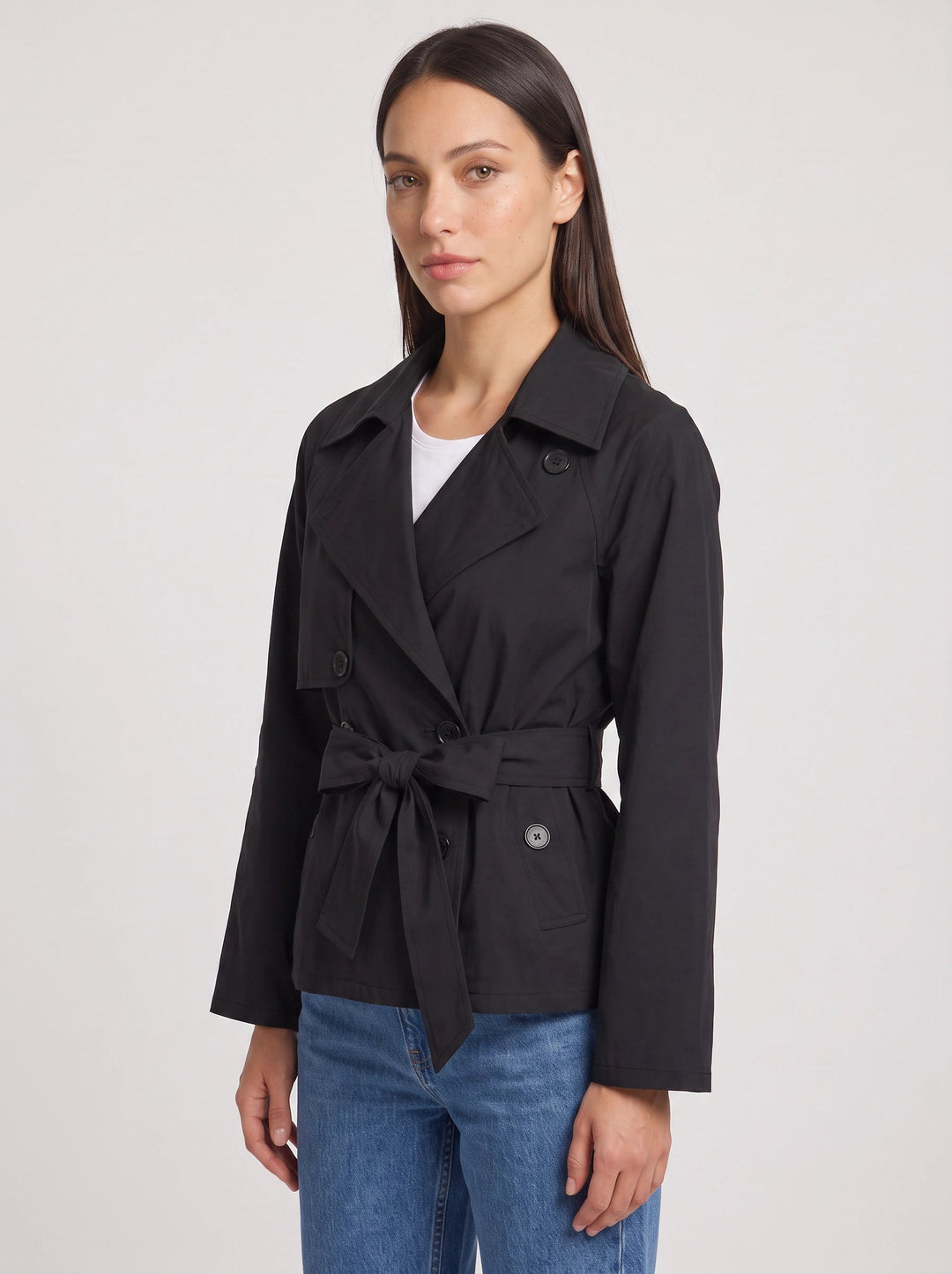 Esmeetta | Women's Cropped Belted Trench Jacket – Double Breasted Tie Waist Coat Smart Casual Work Outerwear — Black