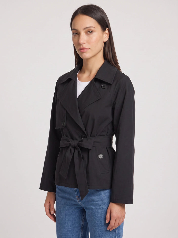 Esmeetta | Women's Cropped Belted Trench Jacket – Double Breasted Tie Waist Coat Smart Casual Work Outerwear — Black