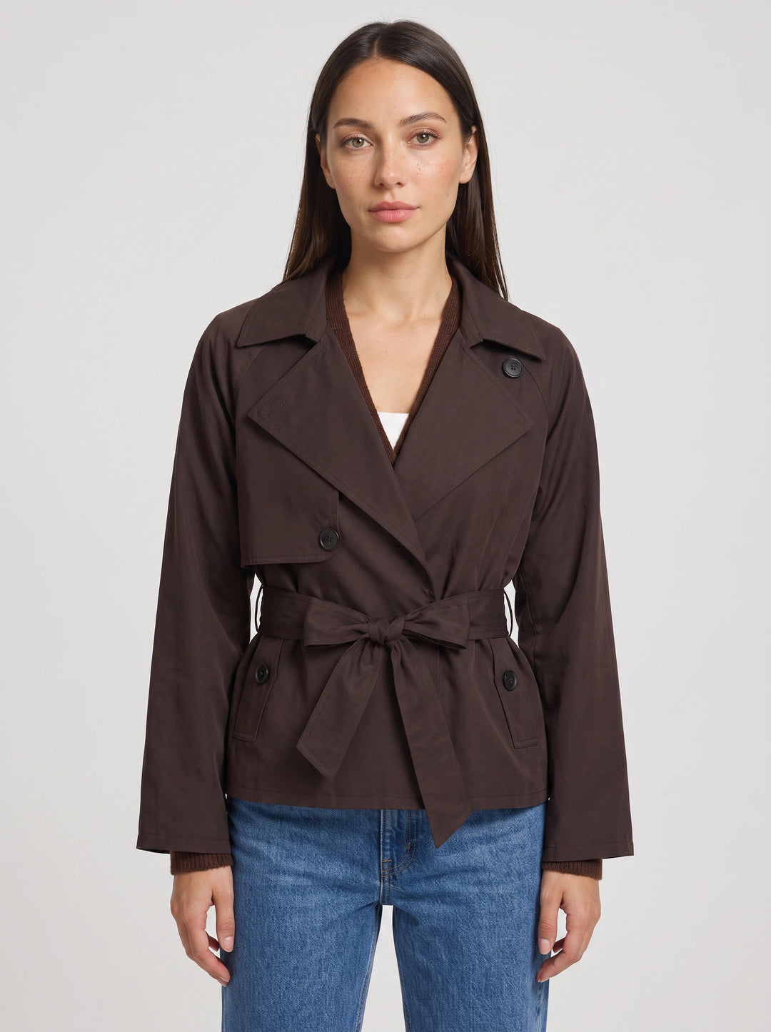 Esmeetta | Women's Cropped Belted Trench Jacket – Double Breasted Tie Waist Coat Smart Casual Work Outerwear — Brown