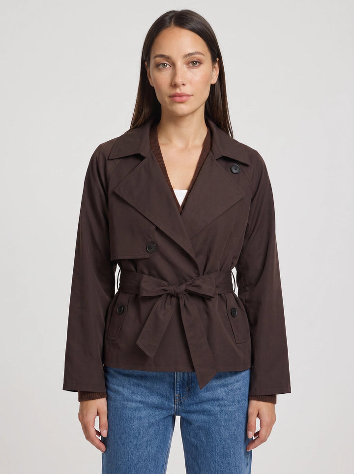 Esmeetta | Women's Cropped Belted Trench Jacket – Double Breasted Tie Waist Coat Smart Casual Work Outerwear — Brown