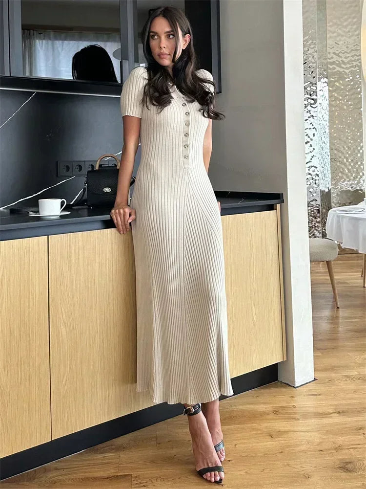 Esmeita | Women's Elegant Ribbed Knit Maxi Dress with V-Neck and Button Detail — Beige