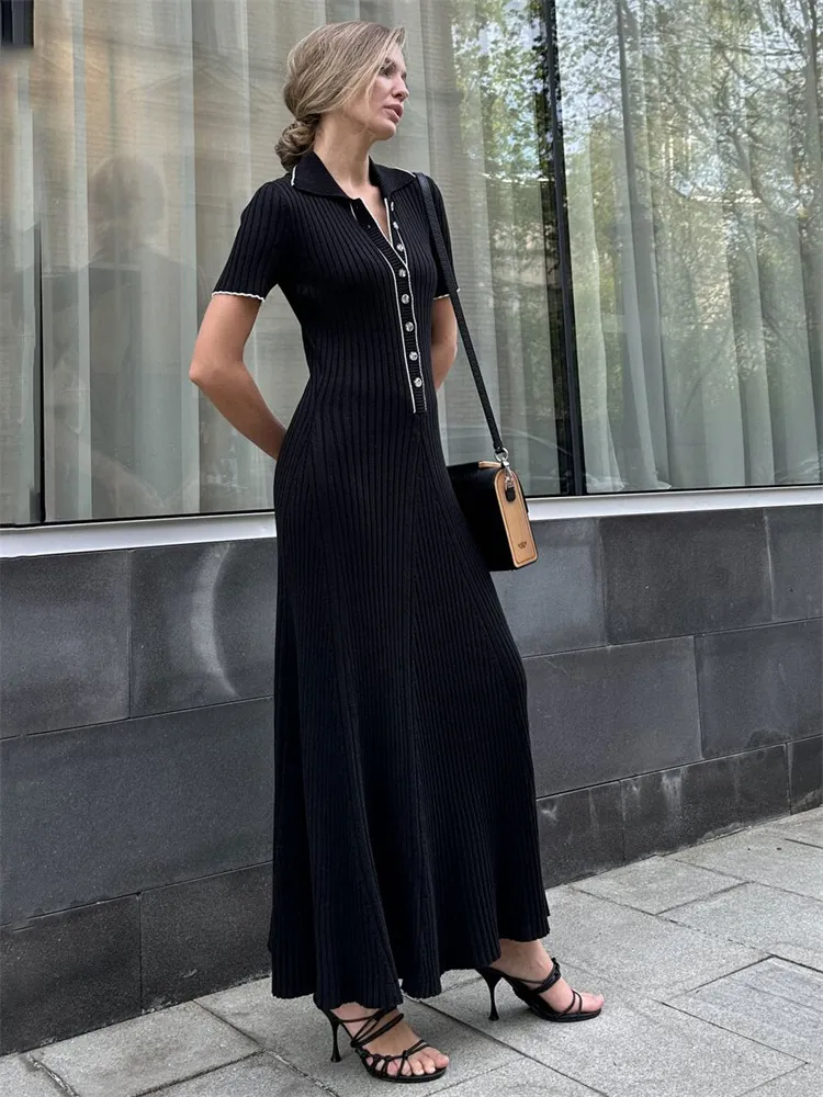 Esmeita | Women's Elegant Ribbed Knit Maxi Dress with V-Neck and Button Detail — Black