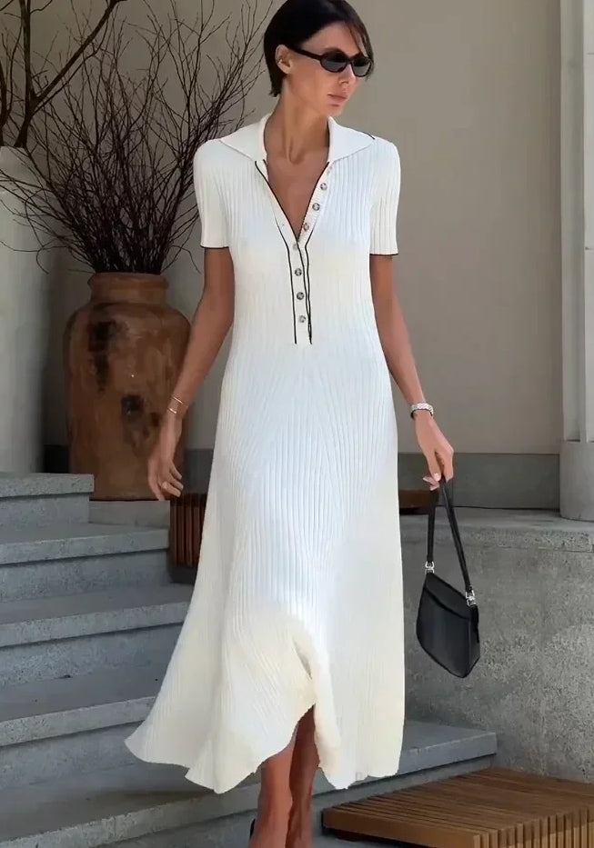 Esmeita | Women's Elegant Ribbed Knit Maxi Dress with V-Neck and Button Detail — 2