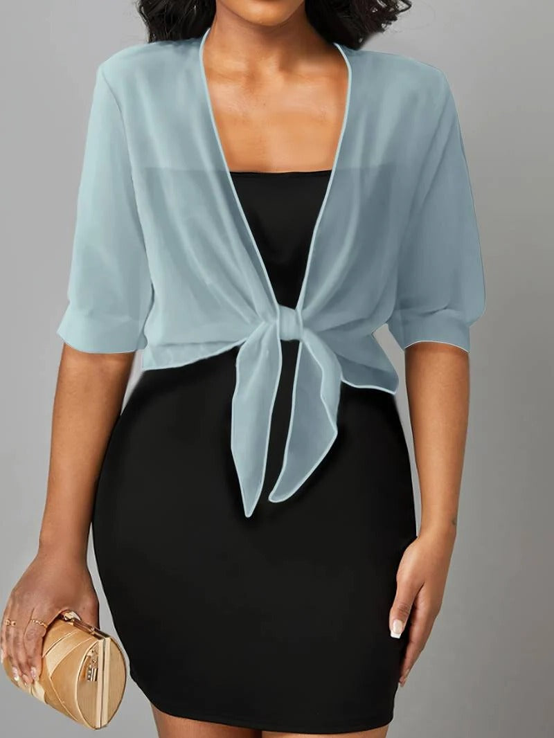 Esmelise | Women's Knit Cozy Sheer Chiffon Tie Front Crop Cardigan Top Sweaters — Blue