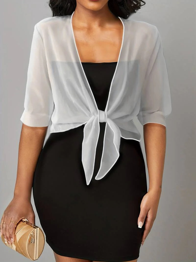 Esmelise | Women's Knit Cozy Sheer Chiffon Tie Front Crop Cardigan Top Sweaters — 1