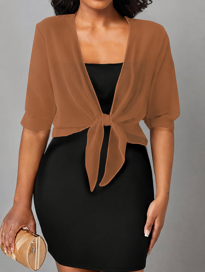 Esmelise | Women's Knit Cozy Sheer Chiffon Tie Front Crop Cardigan Top Sweaters — Brown