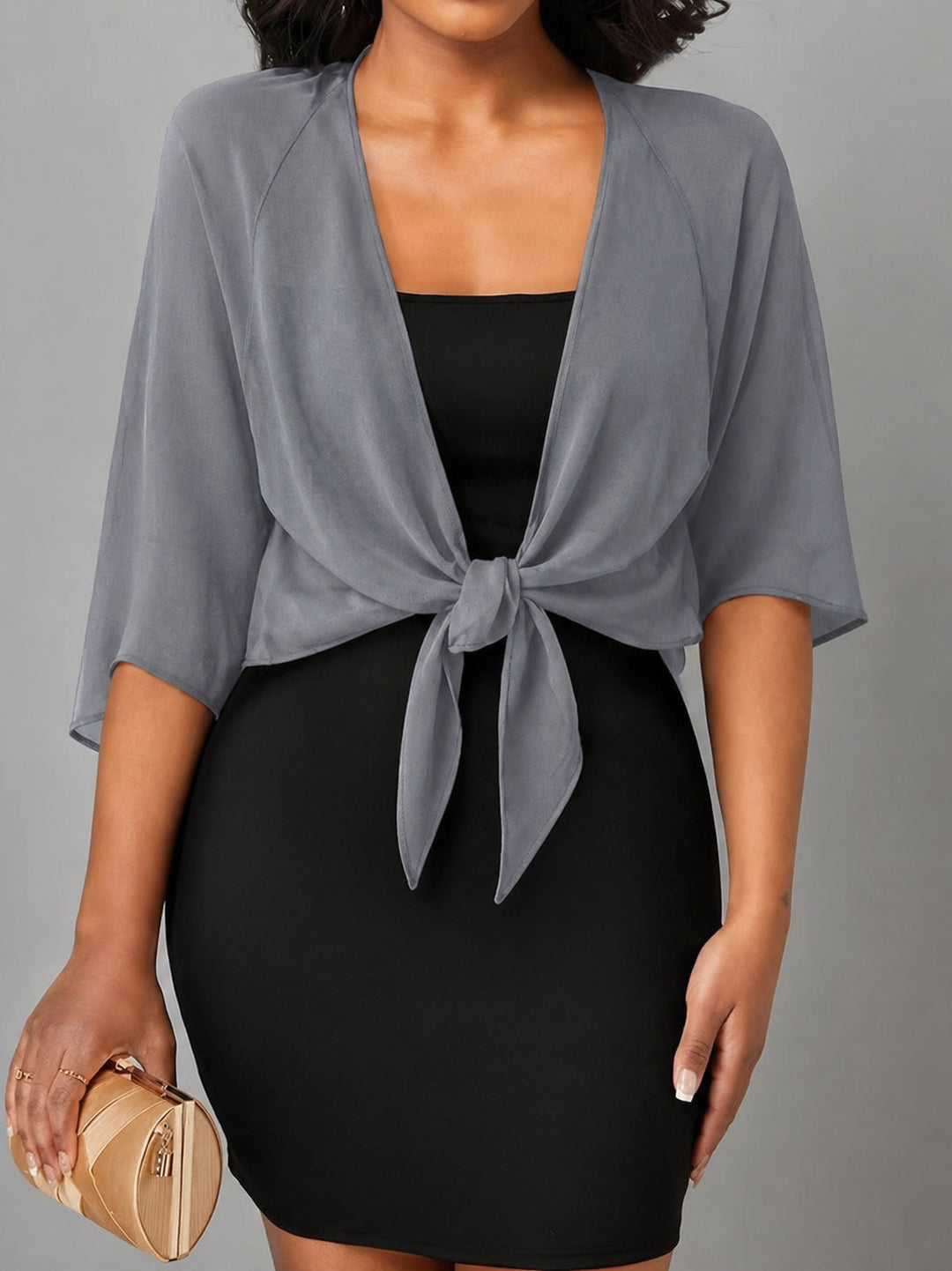 Esmelise | Women's Knit Cozy Sheer Chiffon Tie Front Crop Cardigan Top Sweaters — Grey