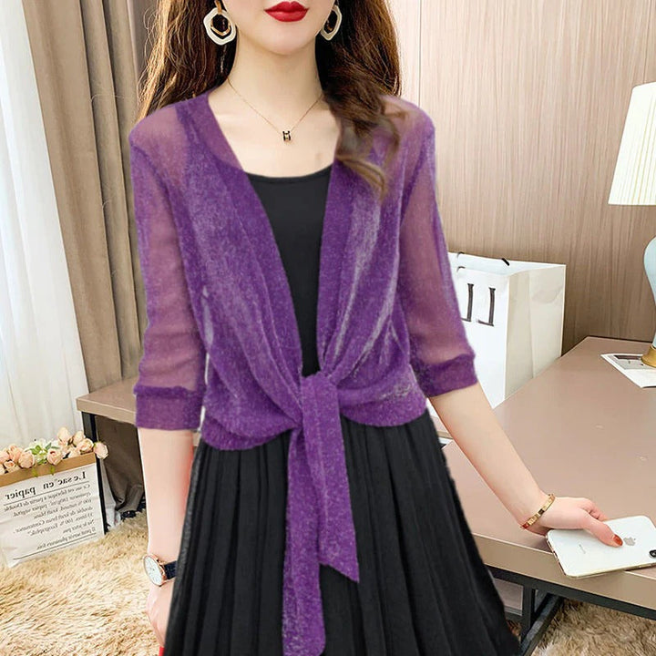 Esmelise | Women's Knit Cozy Sheer Chiffon Tie Front Crop Cardigan Top Sweaters — Purple