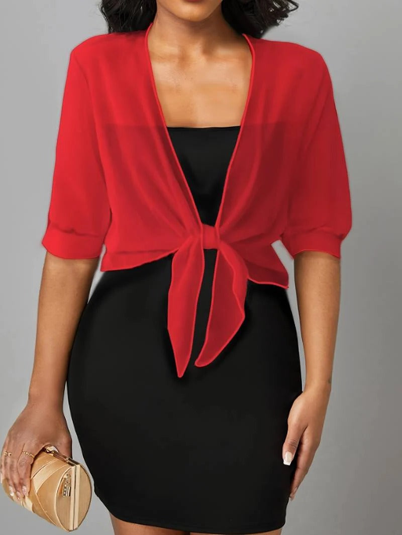 Esmelise | Women's Knit Cozy Sheer Chiffon Tie Front Crop Cardigan Top Sweaters — Red
