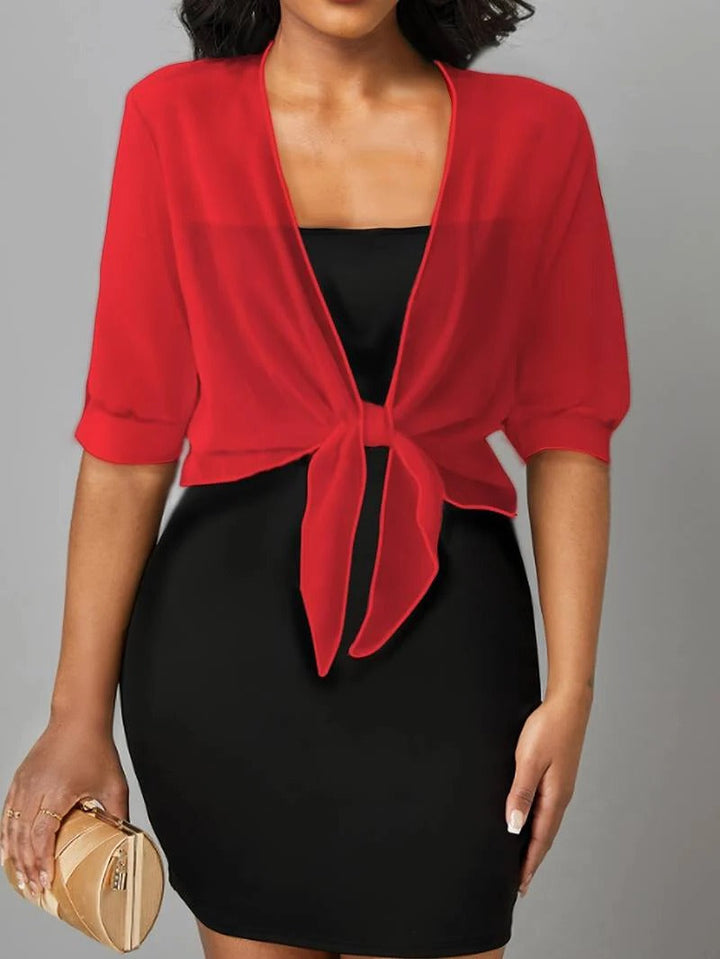 Esmelise | Women's Knit Cozy Sheer Chiffon Tie Front Crop Cardigan Top Sweaters — Red