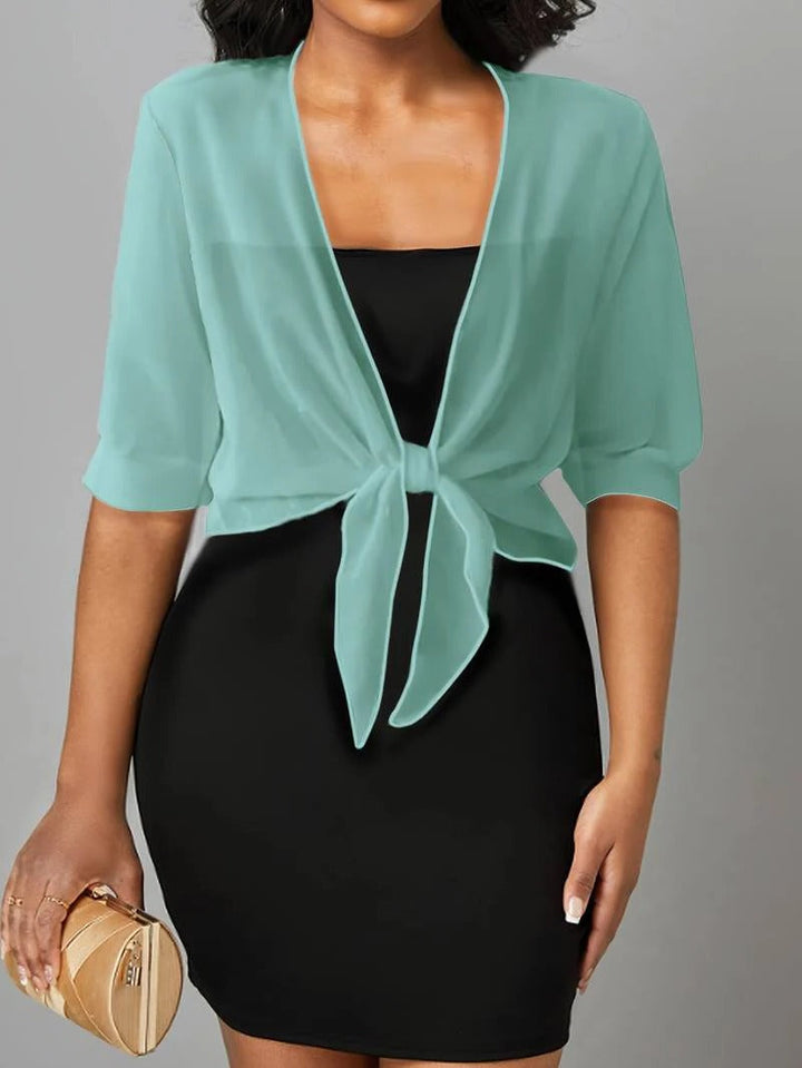 Esmelise | Women's Knit Cozy Sheer Chiffon Tie Front Crop Cardigan Top Sweaters — Turquoise