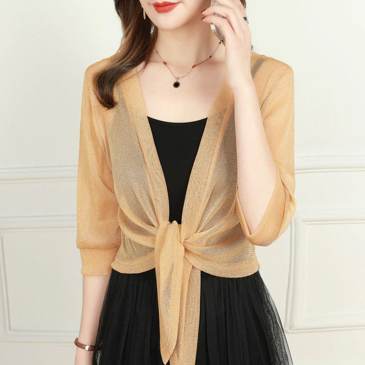 Esmelise | Women's Knit Cozy Sheer Chiffon Tie Front Crop Cardigan Top Sweaters — Yellow