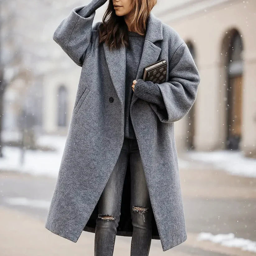 Esmirelle | Women's Oversized Wide-Lapel Woolen Coat — Gray