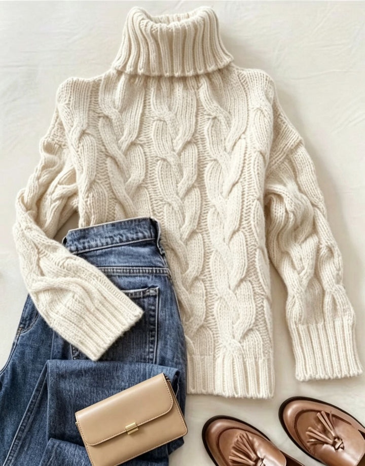 Esmironne | Women's Cozy Refined Chunky Cable Turtleneck Knit Sweater — Beige White