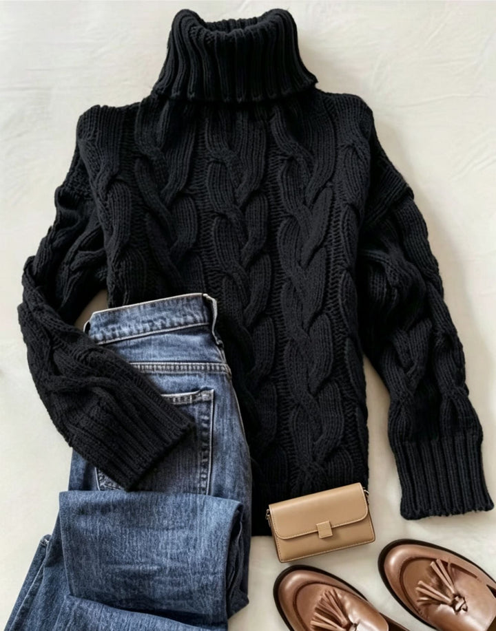Esmironne | Women's Cozy Refined Chunky Cable Turtleneck Knit Sweater — Black