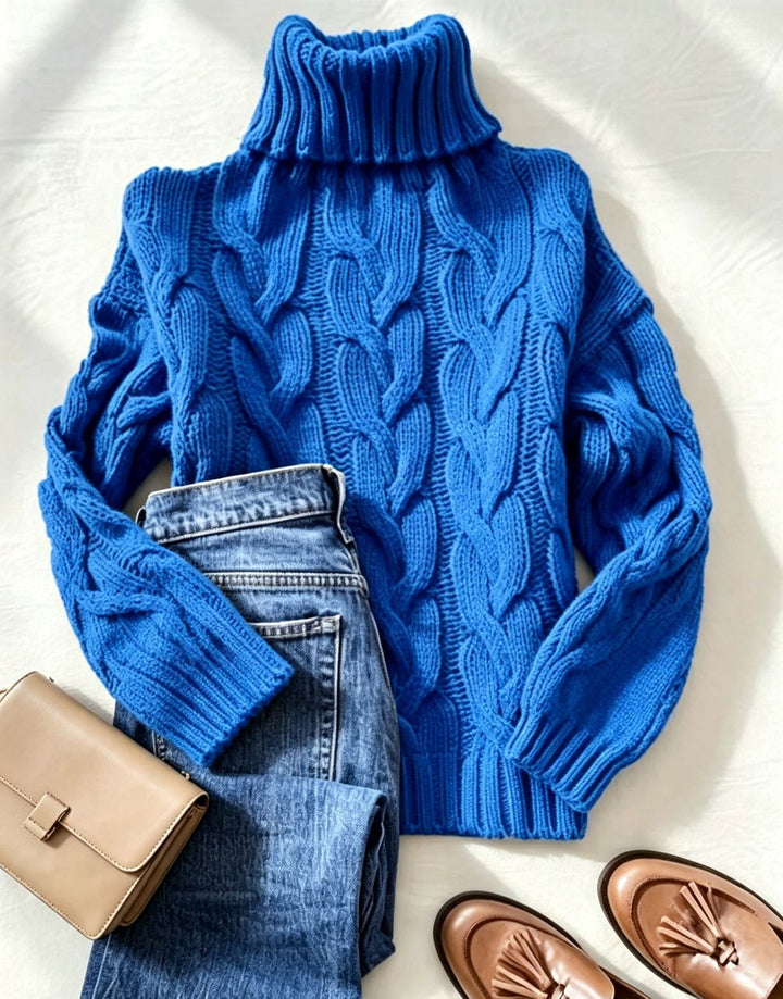 Esmironne | Women's Cozy Refined Chunky Cable Turtleneck Knit Sweater — Cobalt Blue